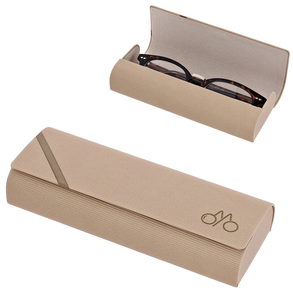 Husa magnetica Stylion ET-131C bej cu ochelari de vedere, pozata pe o masa eleganta